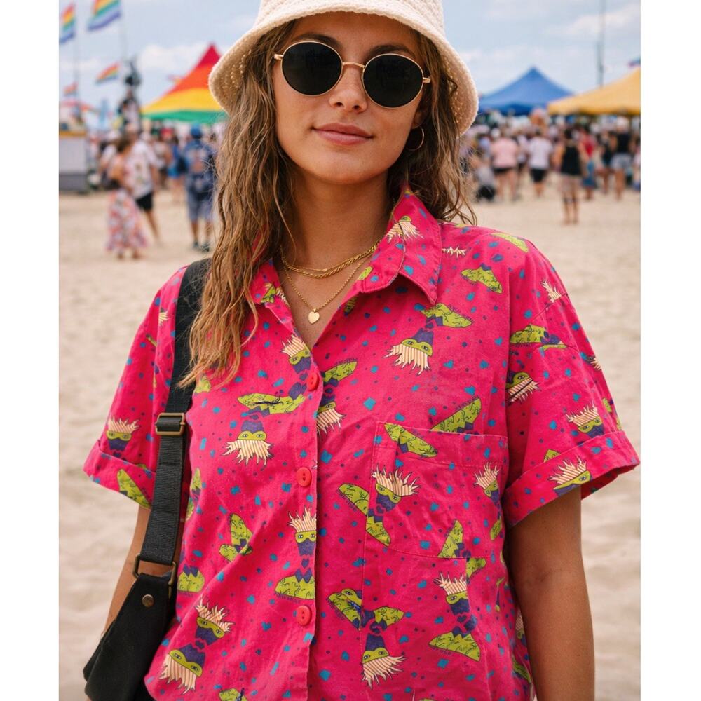 Vtg 90s Retro Abstract Camp Shirt Size Medium Colorful Loud Mad Max Festival